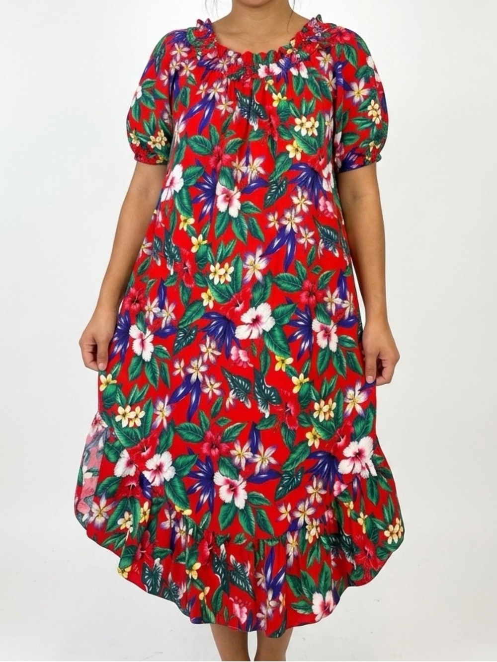 Vintage Muumuu Lee Fashions Hawaiian Long Dress Large Red Curved Ruffle Maxi